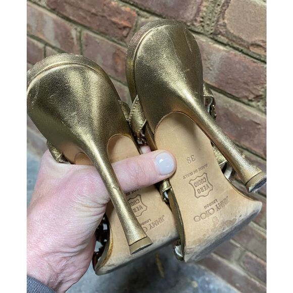 Jimmy Choo Gold Metallic Leather And Jewel Embellished Strappy Sandals - Picture 10 of 12